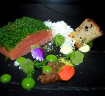 Cured then smoked & sous vide salmon, dill, textures of rye bread